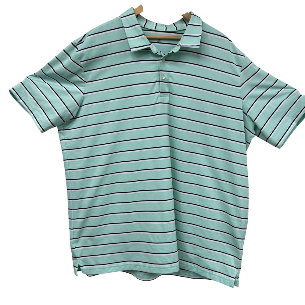 Lands End Mens XXL/T Striped Polo Shirt Mint Green Navy Blue 499778 Tall Stretch
